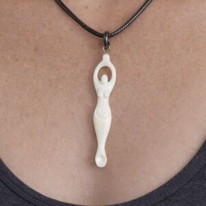 Vintage Carved Goddess Pendant Necklace on Black Cord